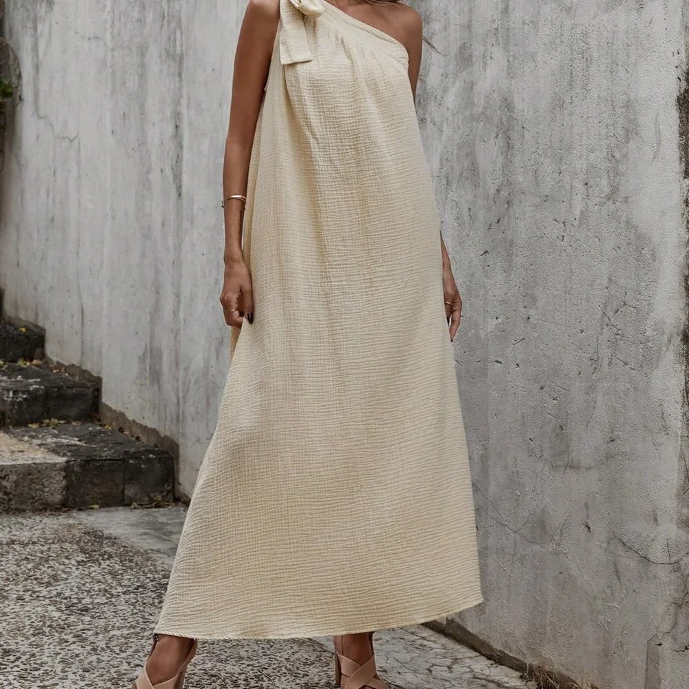 Apricot Preppy Womens One Shoulder Knot Side Dress - Picture 4 of 5